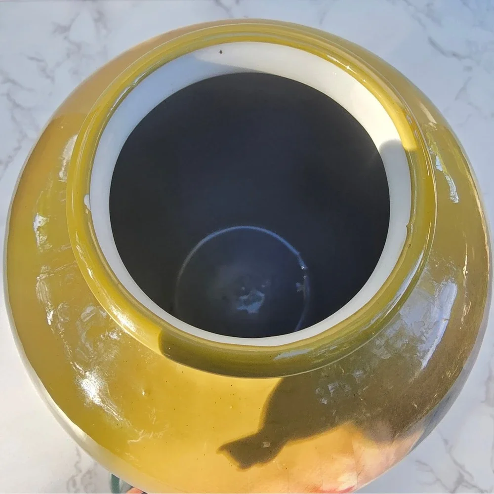 Vintage Peony  Large Floral Ceramic Ginger Jar Yellow Pink Vase Lid